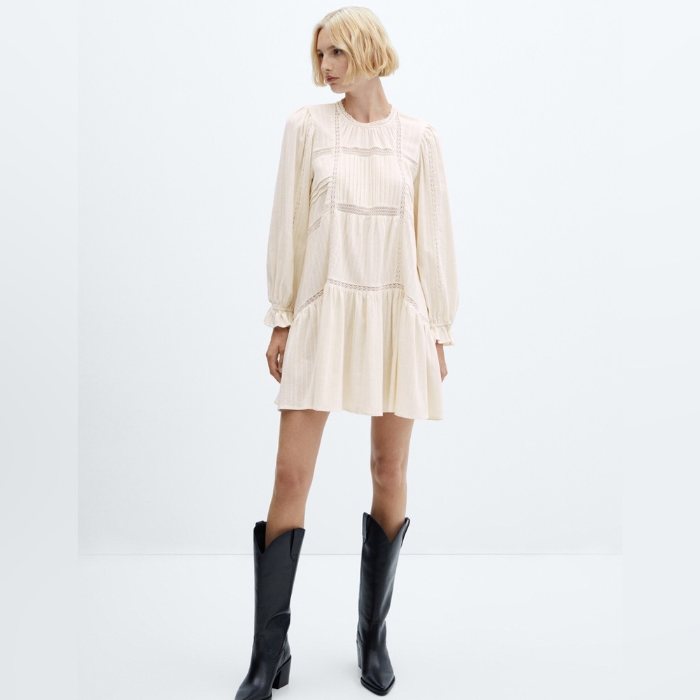 Mango Puff-Sleeve Embroidered Dress